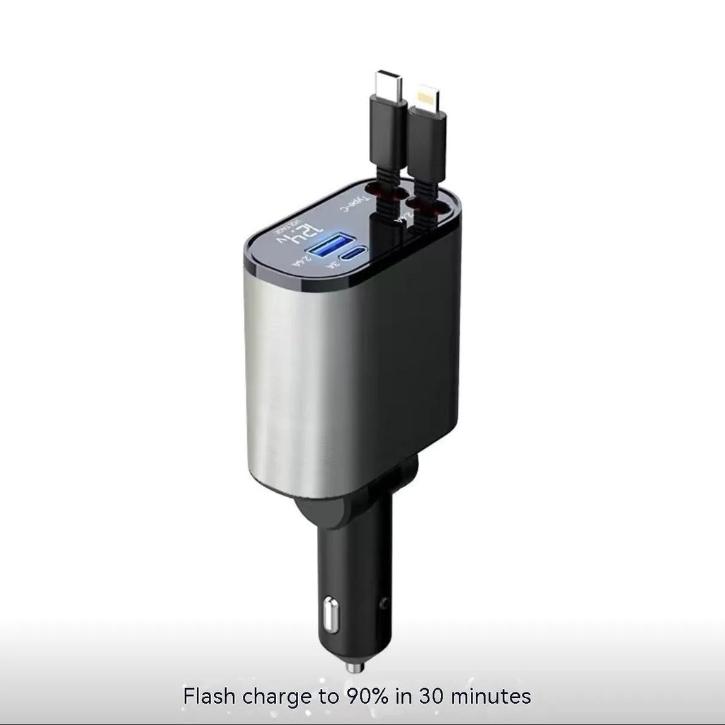 Automatic retractable car charger with cigarette lighter plug and retractable headband for cable management