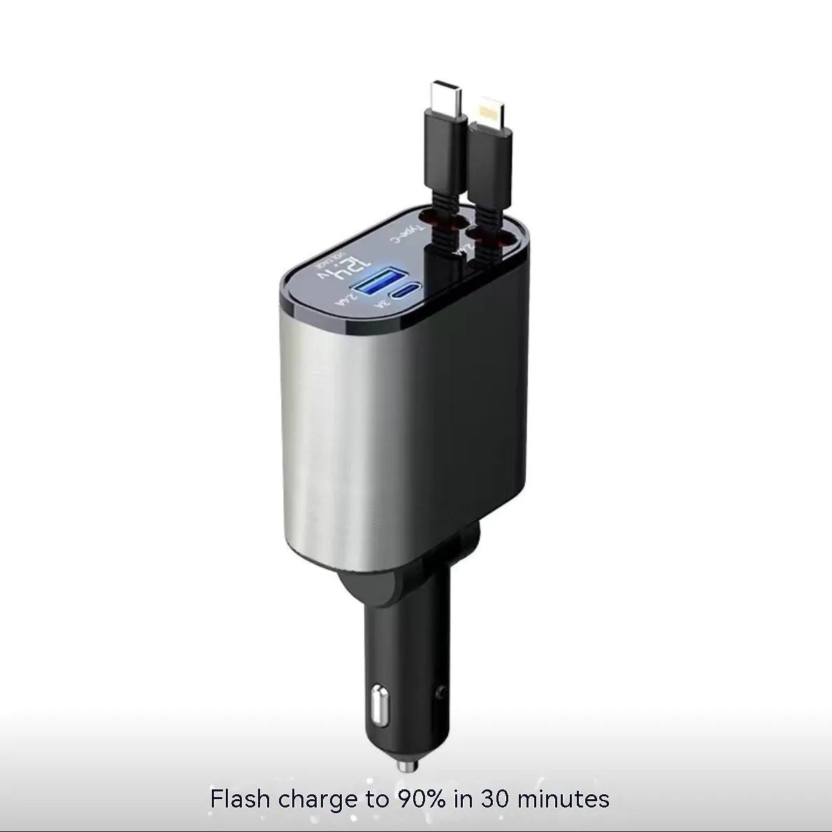 Automatic retractable car charger with cigarette lighter plug and retractable headband for cable management