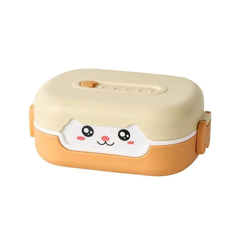 Square plastic divided lunch box in dark blue, orange yellow, or pink and green with microwave-safe symbol