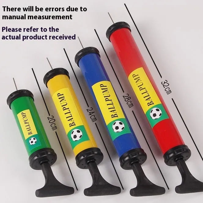 Manual plastic hand pump for balls and balloons in mixed colours showing four size options