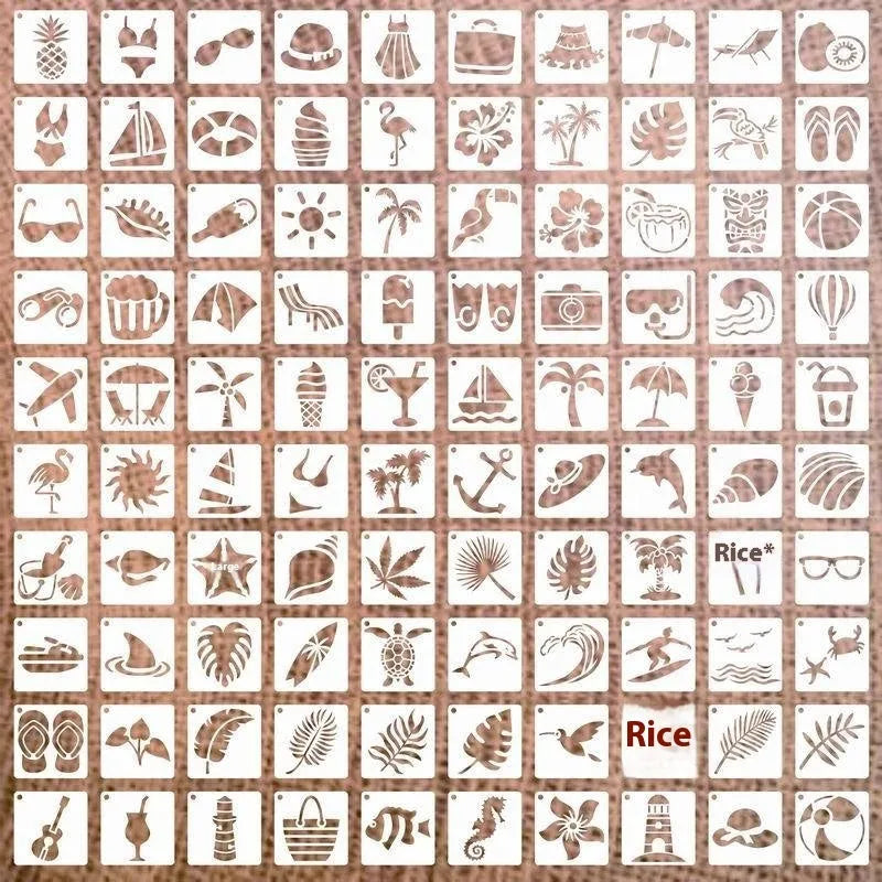 Milky white PET film craft stencils showing hollow cut-out designs of animals, flowers, letters, and ocean themes.