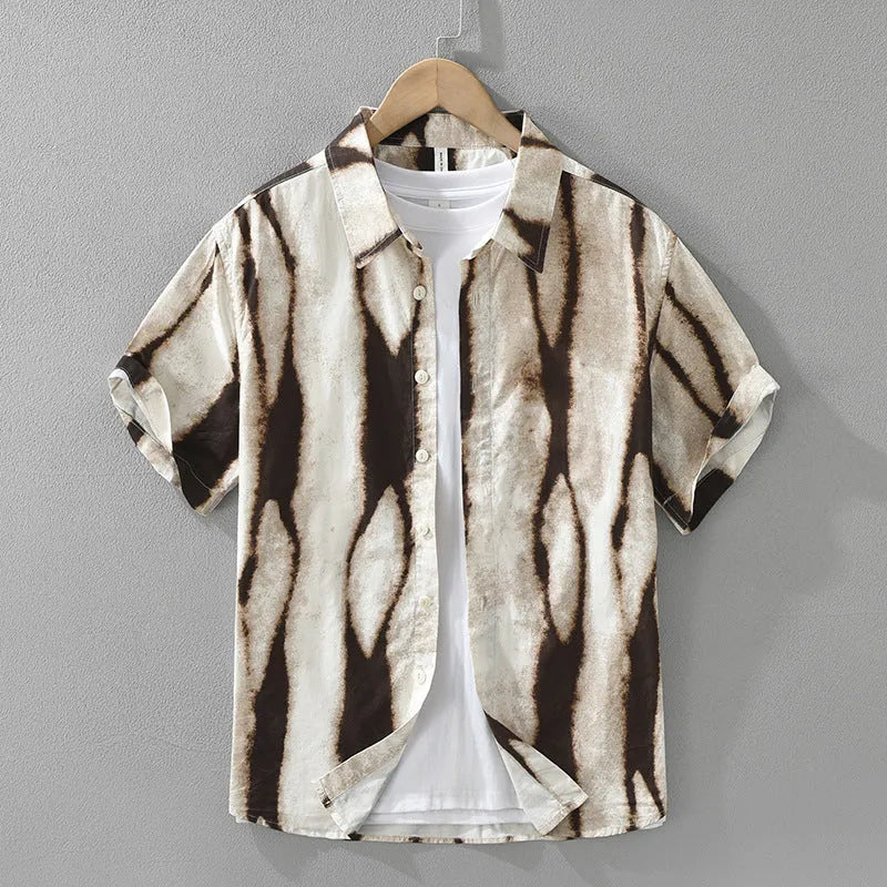 Retro striped short sleeve shirt in pure cotton fabric showing black and brown colour options