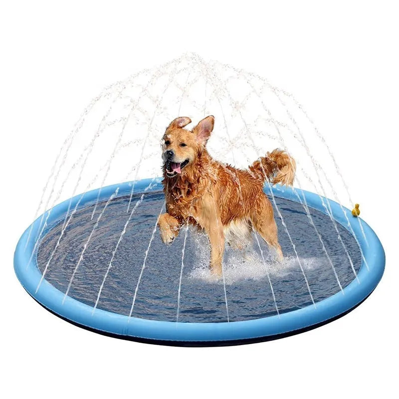 Large blue anti-slip dog splash pad pool with inflated sides in a garden.