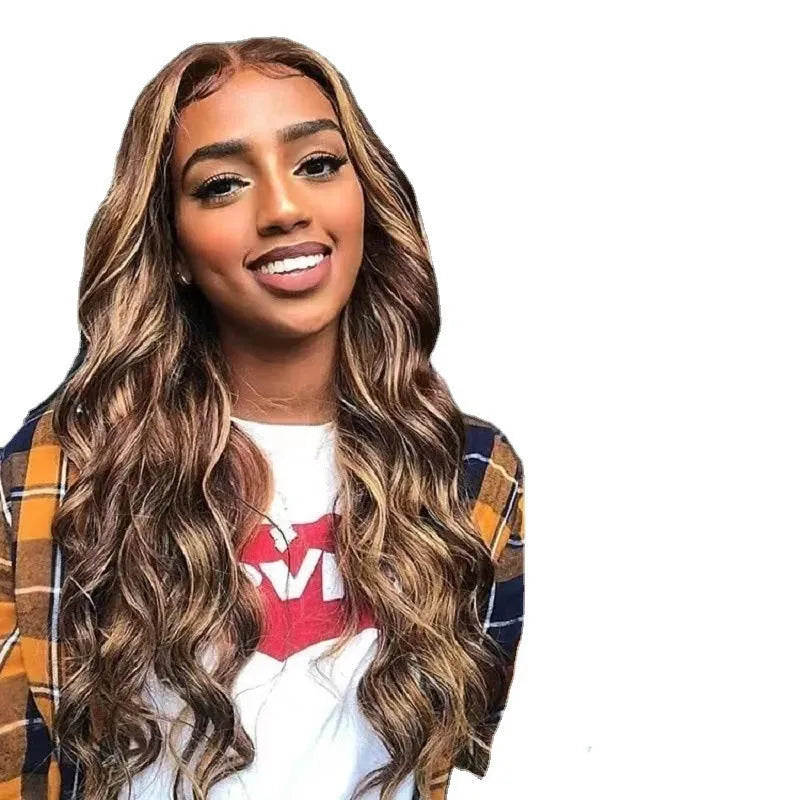 Front lace wig with African black gradient colour and big wave pattern, showing side bangs style