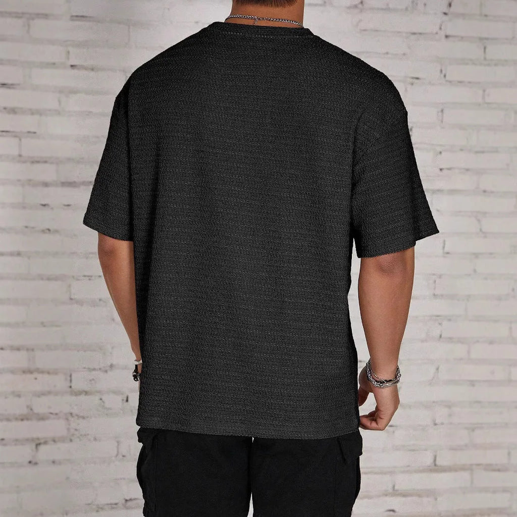 Men's slim fit polyester t-shirt with loose hollow knit design in light blue colour
