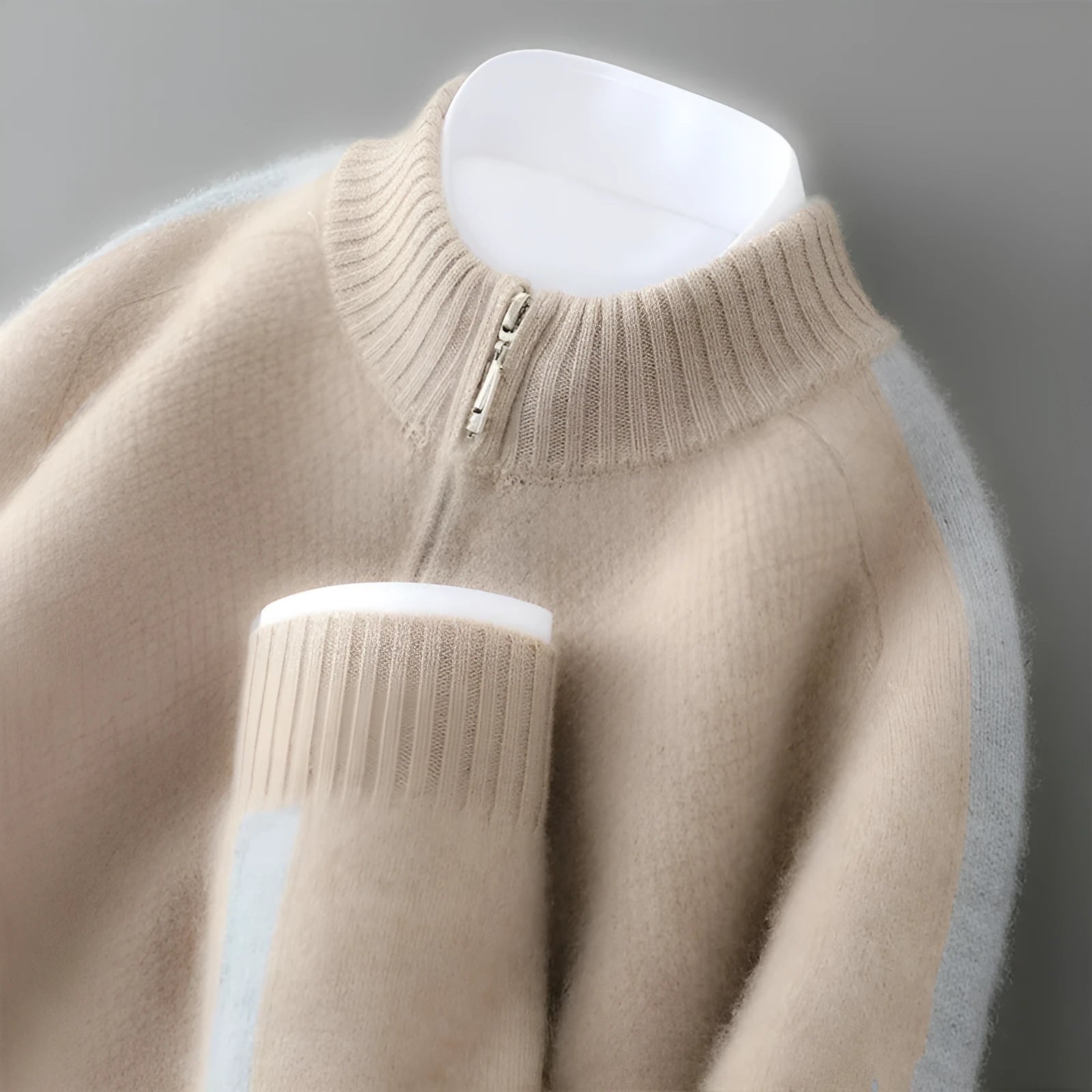 Sheep wool slim fit sweater with half-height zip in Raw Velvet Camel colour on hanger