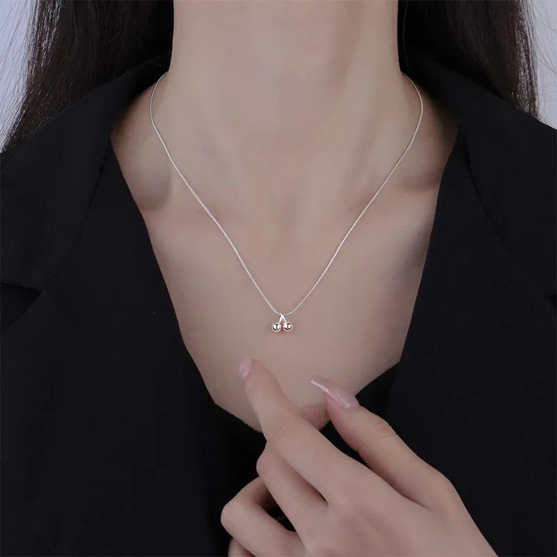 Silver cherry necklace with adjustable snake bones chain and fruit pendant