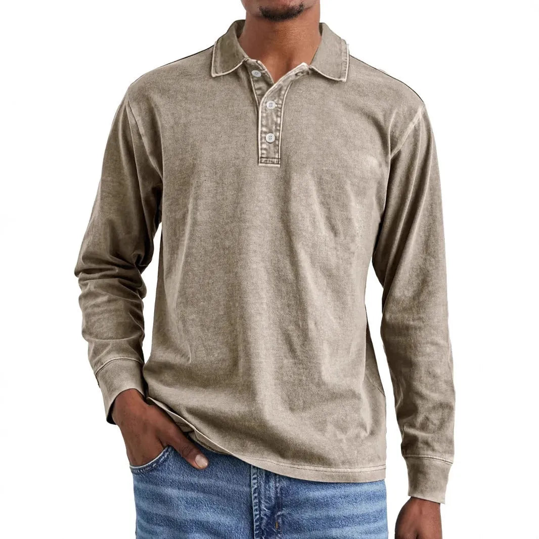 Retro washed distressed cotton lapel long sleeve polo shirt in pure cotton fabric