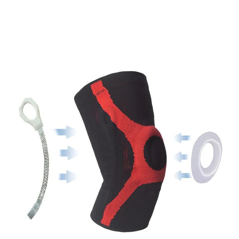 Red and grey knitted sports kneecaps with silicone grip panels for running and climbing activities