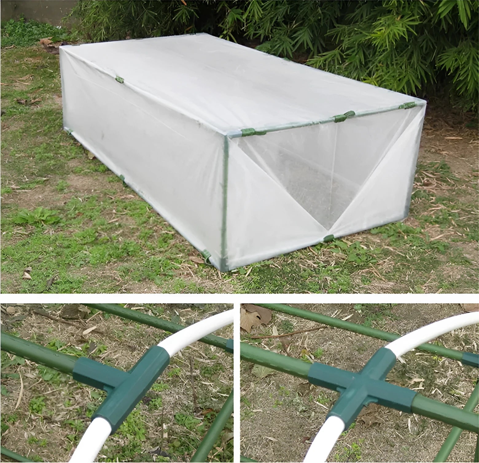 Two plastic plant support connectors with three-way and four-way joints for garden stake pillars