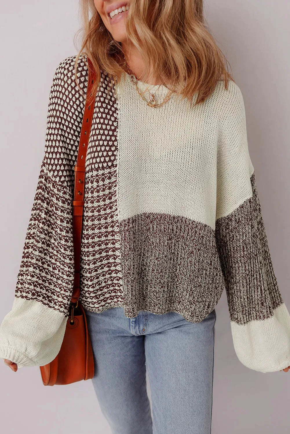 Dark khaki women's sweater with colour block design, back tie detail, and drop shoulder loose fit