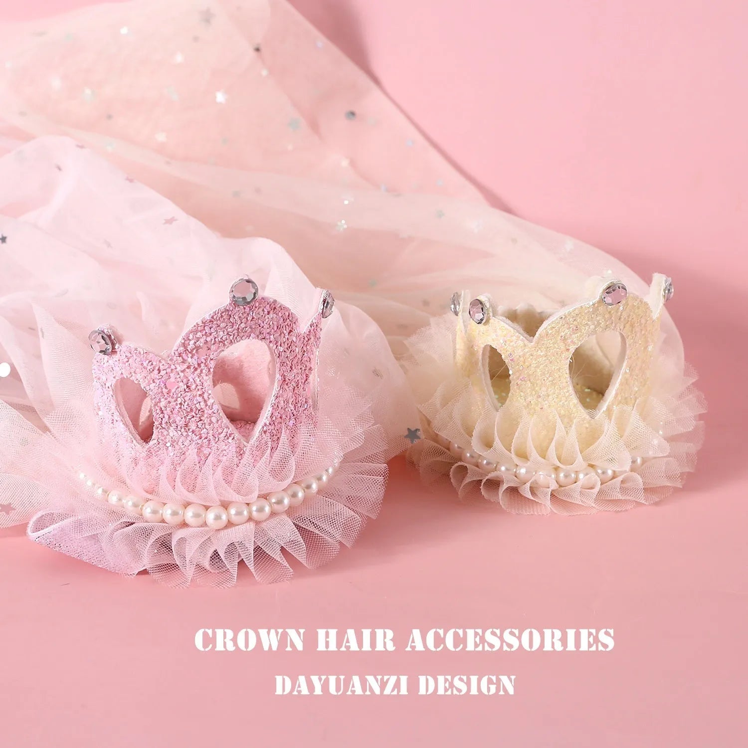 Cat wearing princess crown headdress with lace veil in beige or pink