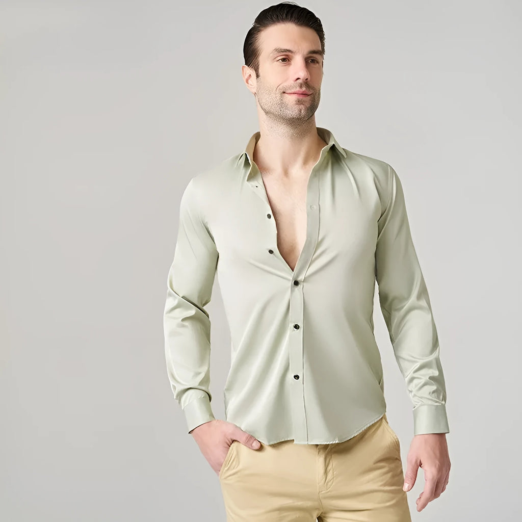 Men's stretch long sleeve work shirt in polyester available in multiple colours on a size chart