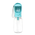 Blue portable plastic dog water bottle with flip-out drinking bowl for walks and travel.