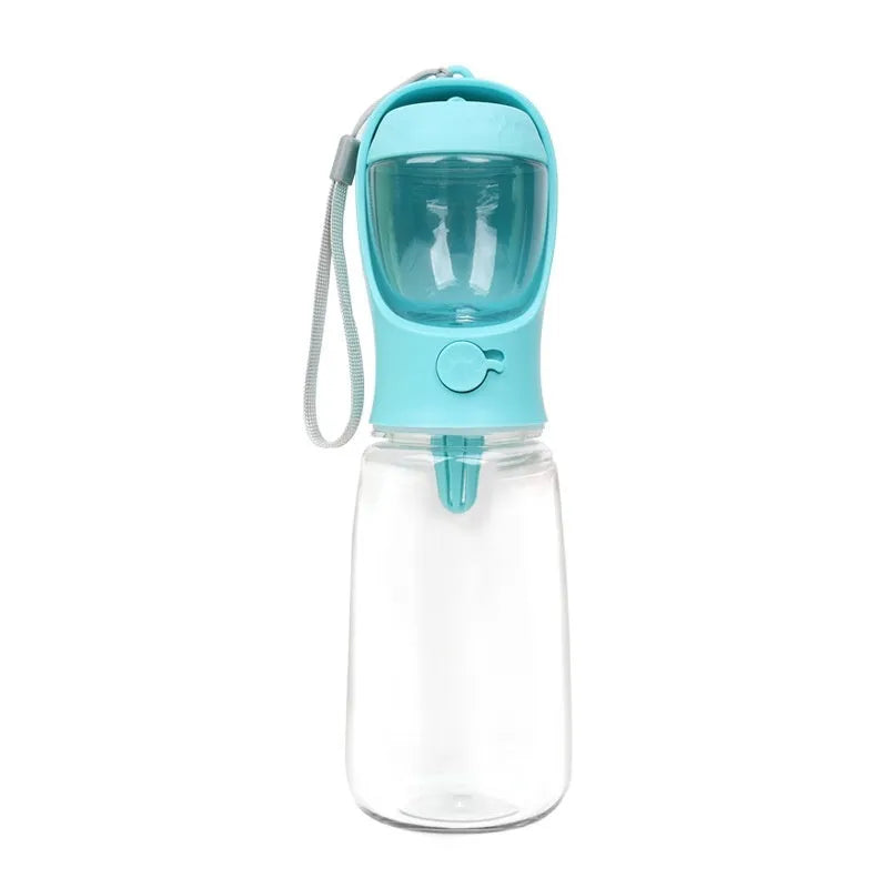 Blue portable plastic dog water bottle with flip-out drinking bowl for walks and travel.