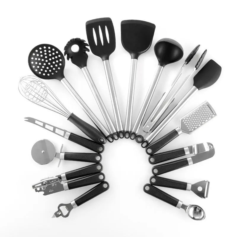 Black silicone cooking spatula and spoon set with stainless steel handles containing 16 kitchen utensils