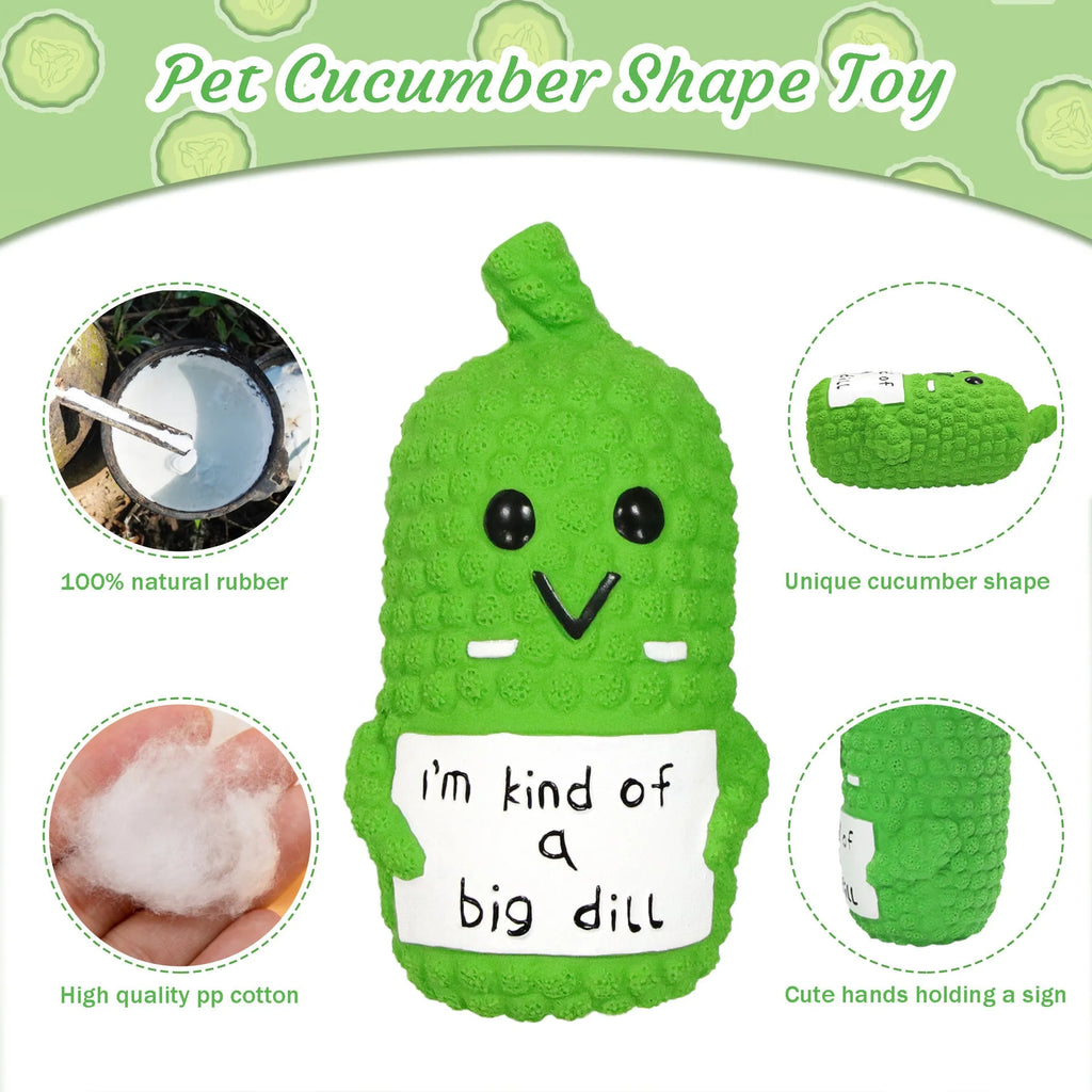 Green pickle-shaped latex dog chew toy with textured exterior and squeaker