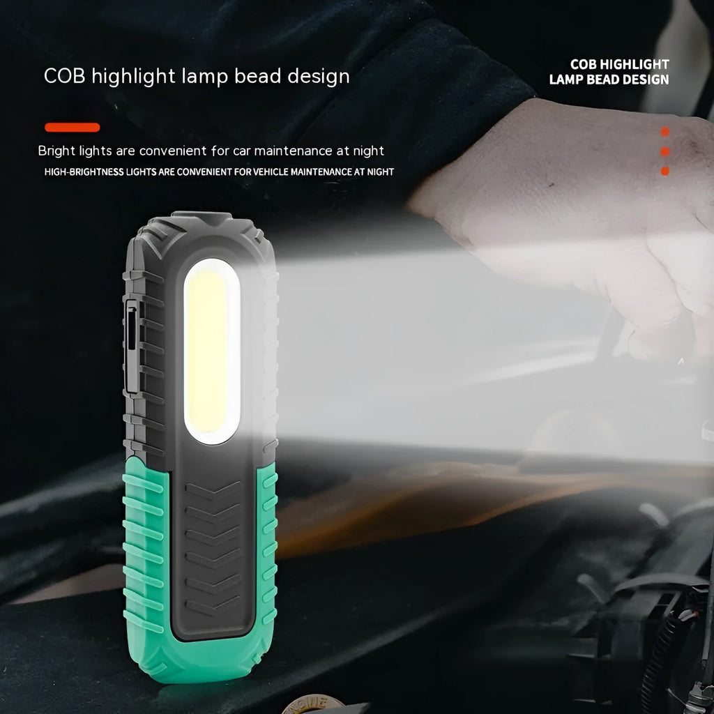 Black and green auto repair work light with USB charging port and 165mm length