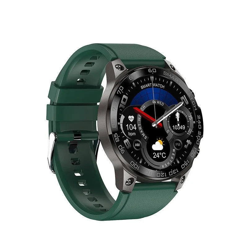 Black Bluetooth sports watch with round AMOLED screen and silicone strap on a wrist