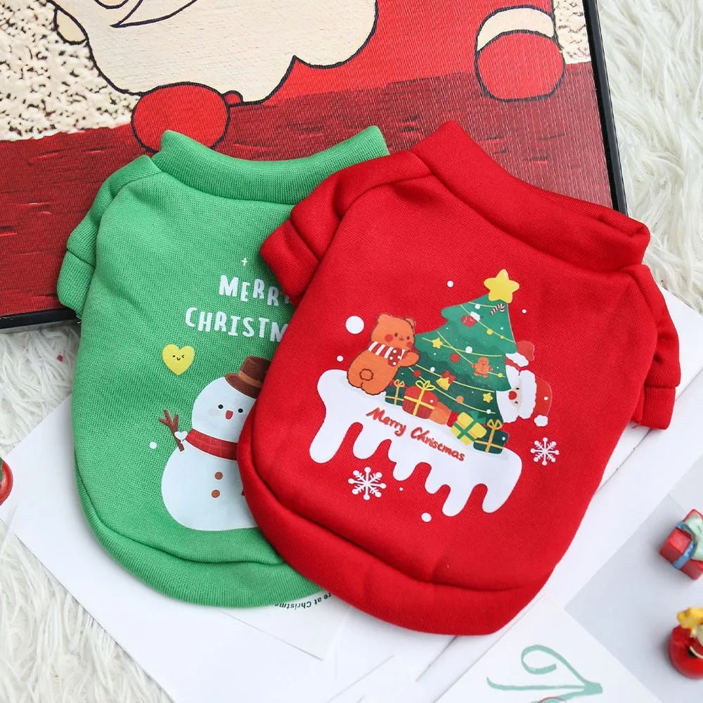 Fleece-lined pet crew neck sweater in red with Christmas hat pattern, shown on a small dog