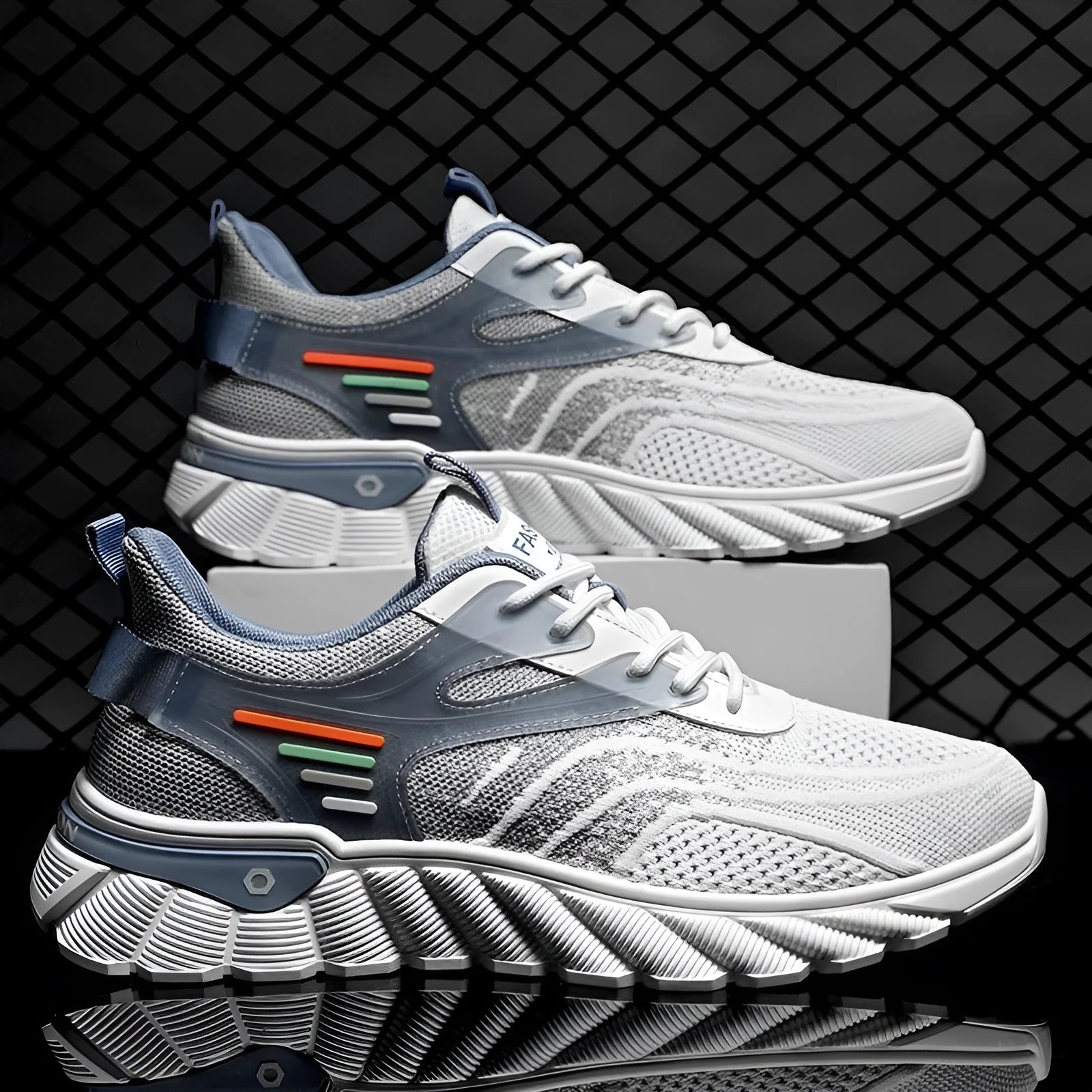 Men's low-top platform casual shoes in white blue with mesh upper and rubber sole.