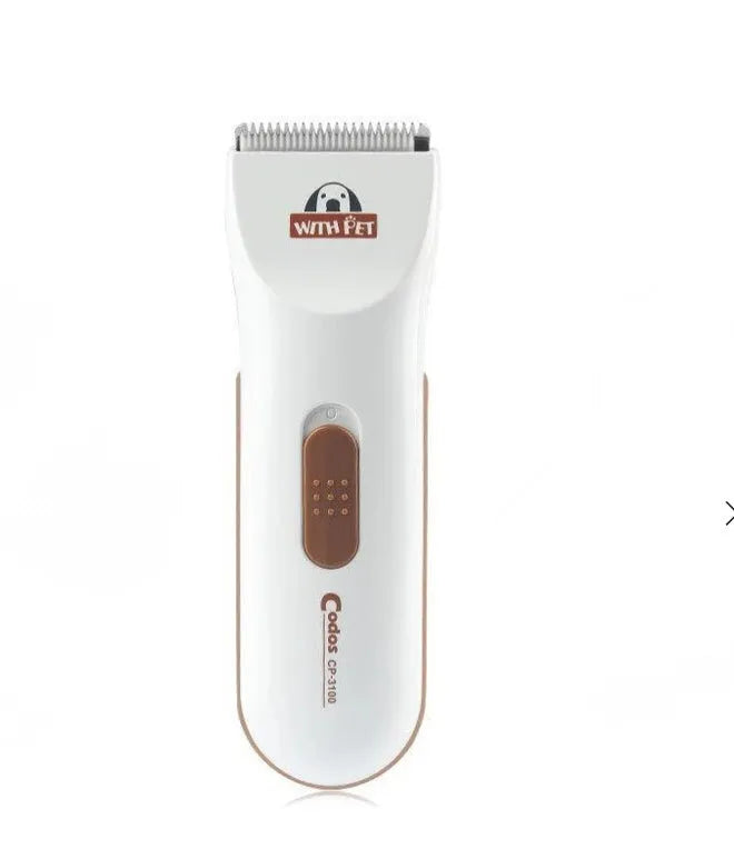 White electric pet hair clipper with ceramic blade for grooming dogs and cats.