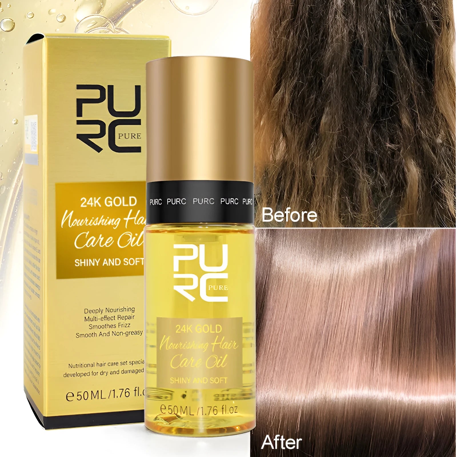 50ml yellow bottle of hair repair essential oil for curly and damaged hair.