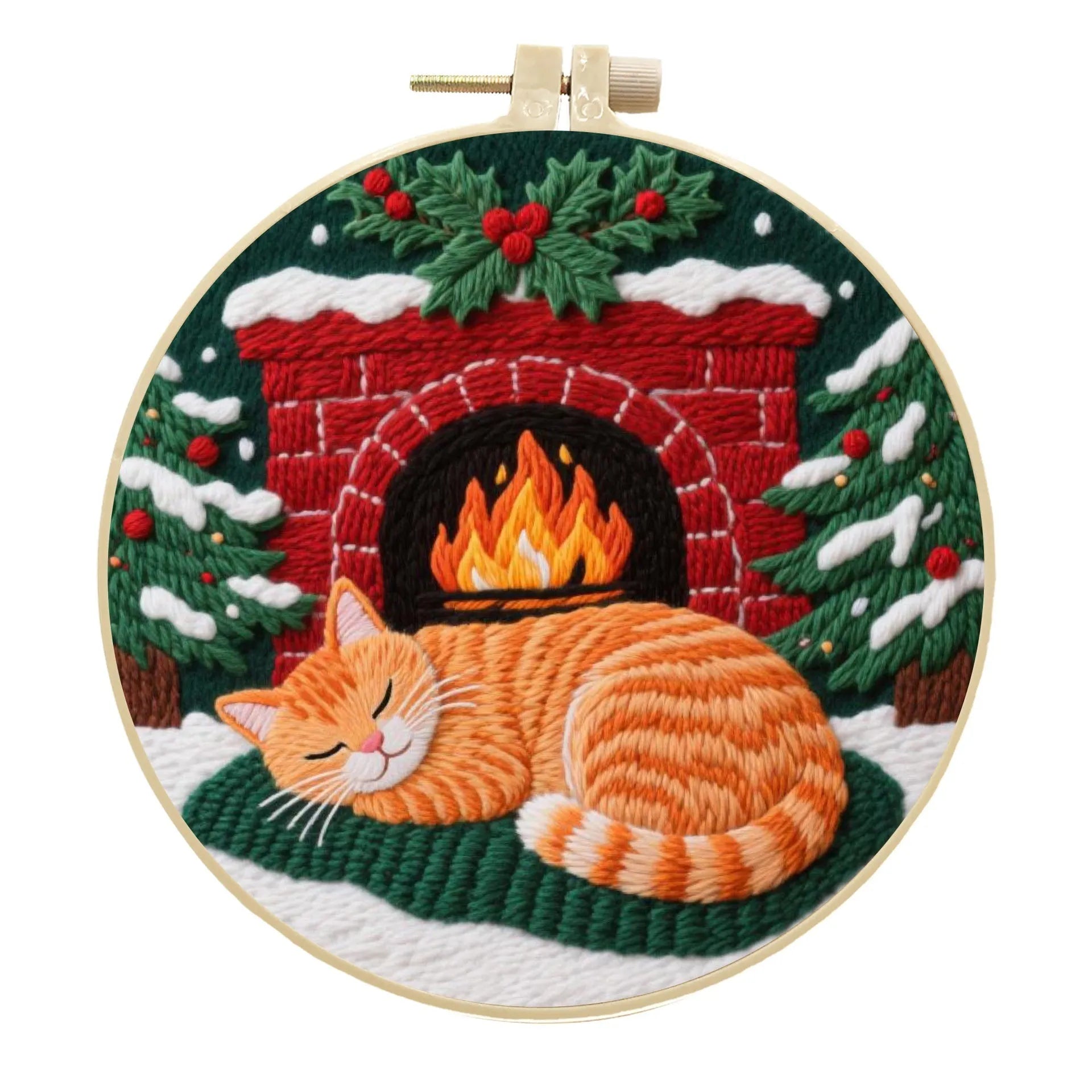 Cat embroidery DIY material package showing autumn fruit patterns on cotton linen fabric with optional bamboo frame