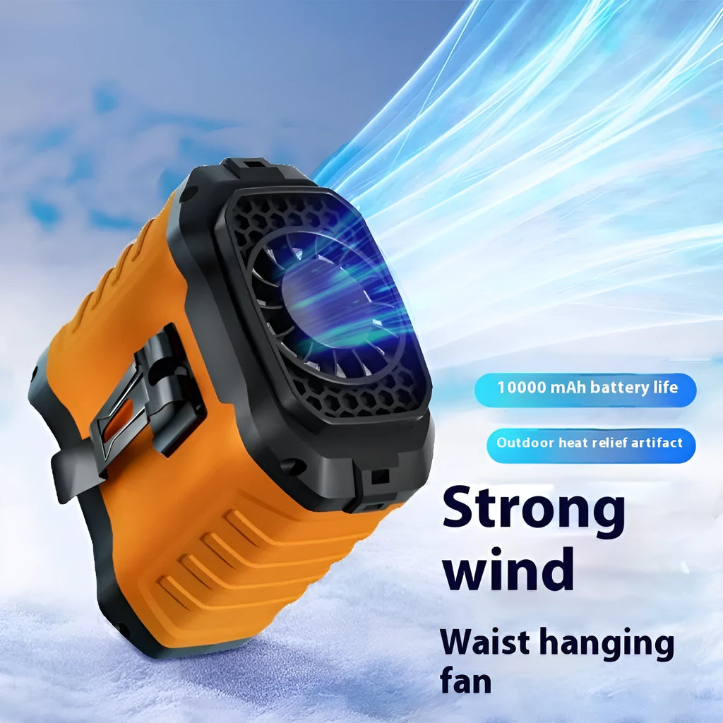 Portable clip waist rechargeable fan in army green with five speed modes and USB charging