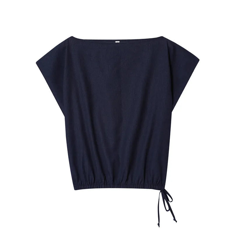 Women's two-piece set with off-neck flounced sleeve top and wide leg trousers in blended polyester fabric