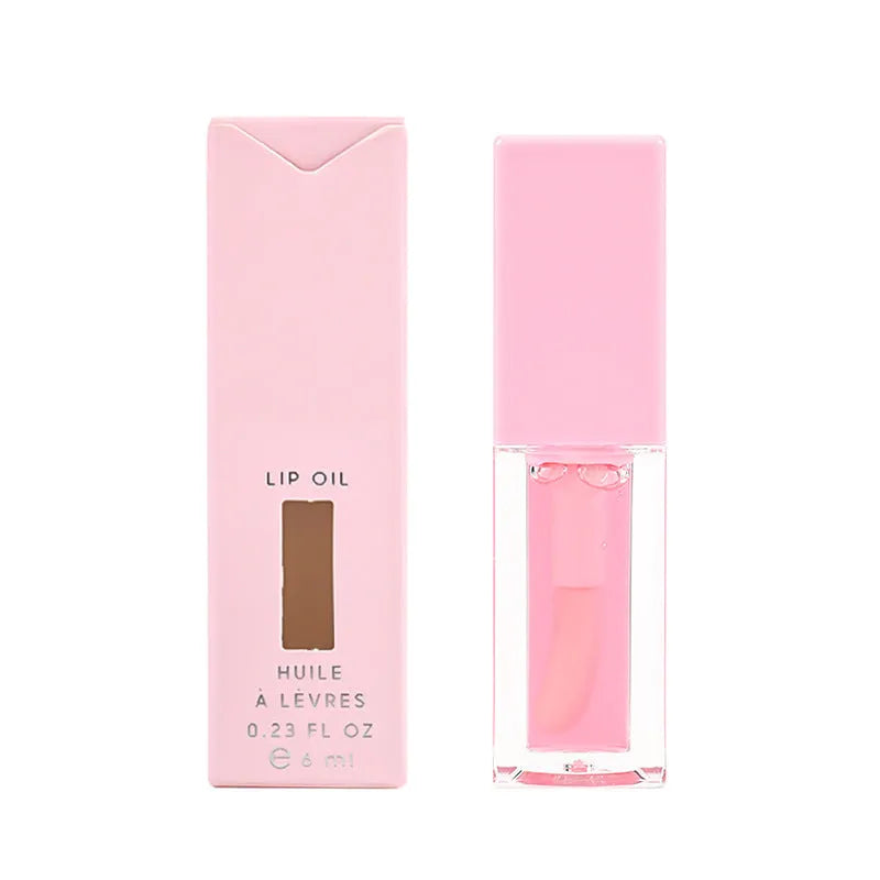 Set of six women's transparent lip gloss tubes in different colours and flavours