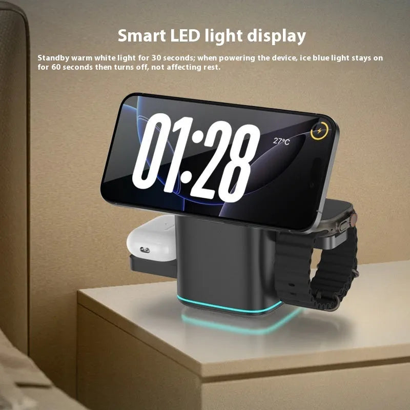 Black mobile phone magnetic wireless charging stand showing 180-degree rotation adjustment