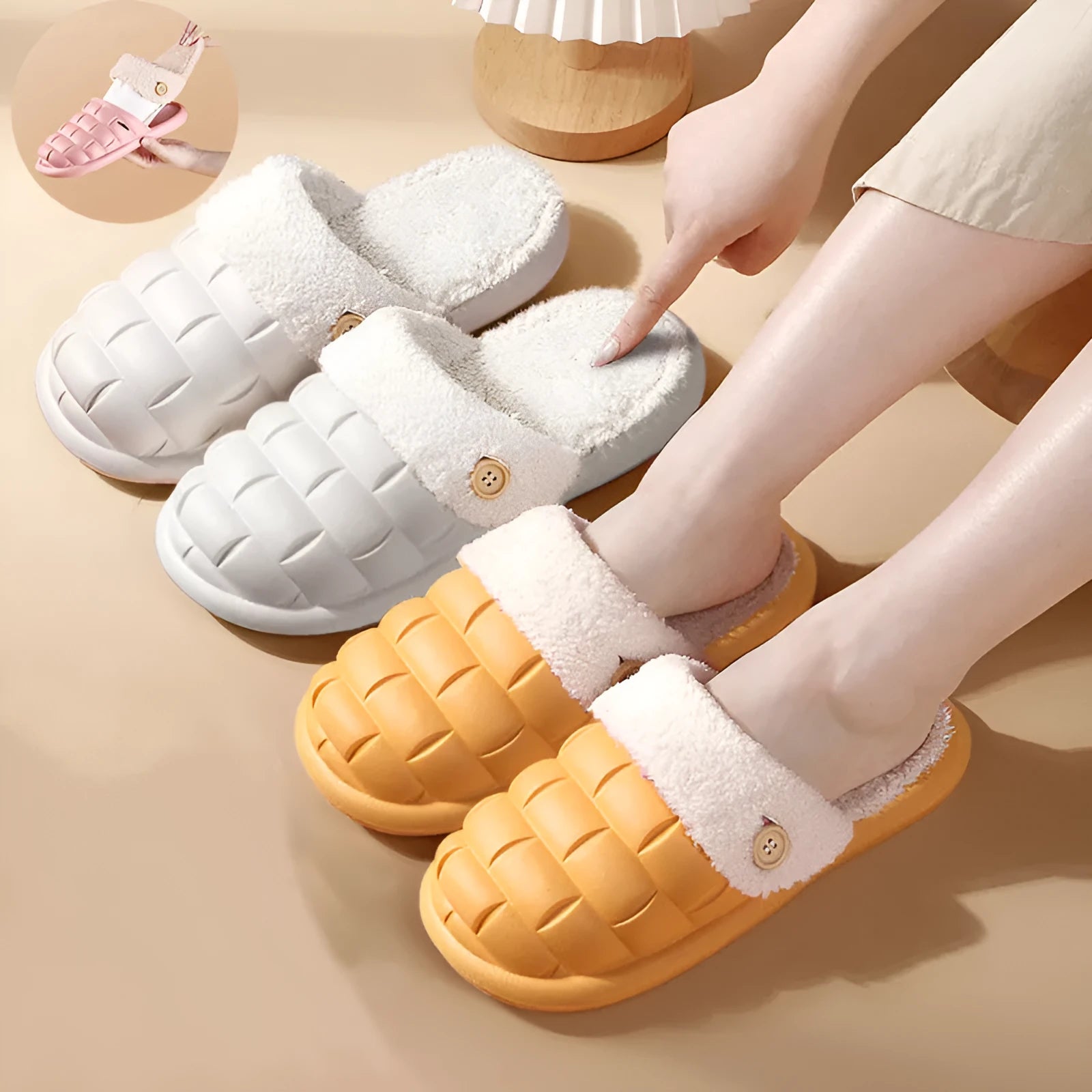 Plaid detachable slippers showing EVA construction and plush lining in pink, green, yellow, white, grey, or black.