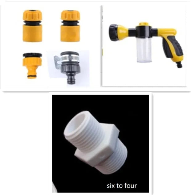 Green high pressure foam spray gun with adjustable nozzle for car washing and household cleaning.