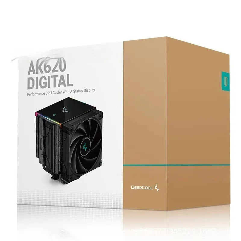 Twin tower CPU air cooler heatsink with fan and digital display in black or white