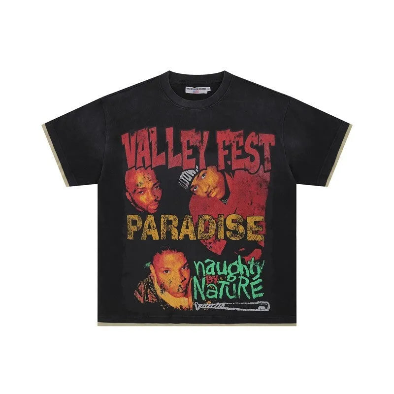 Cotton retro figure printed loose short sleeve pullover in black with washed-out distressed finish