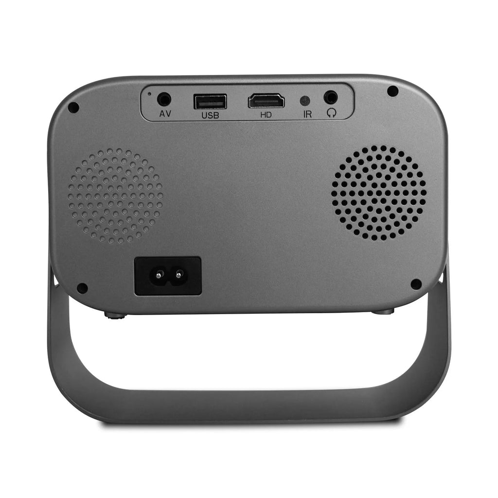 Black portable smart projector with remote control showing 720p HD resolution and Android system