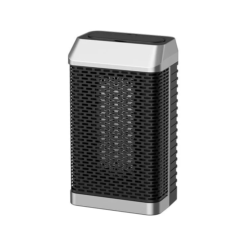 Black remote control desktop electric heater with compact design, showing control knob and air vents.