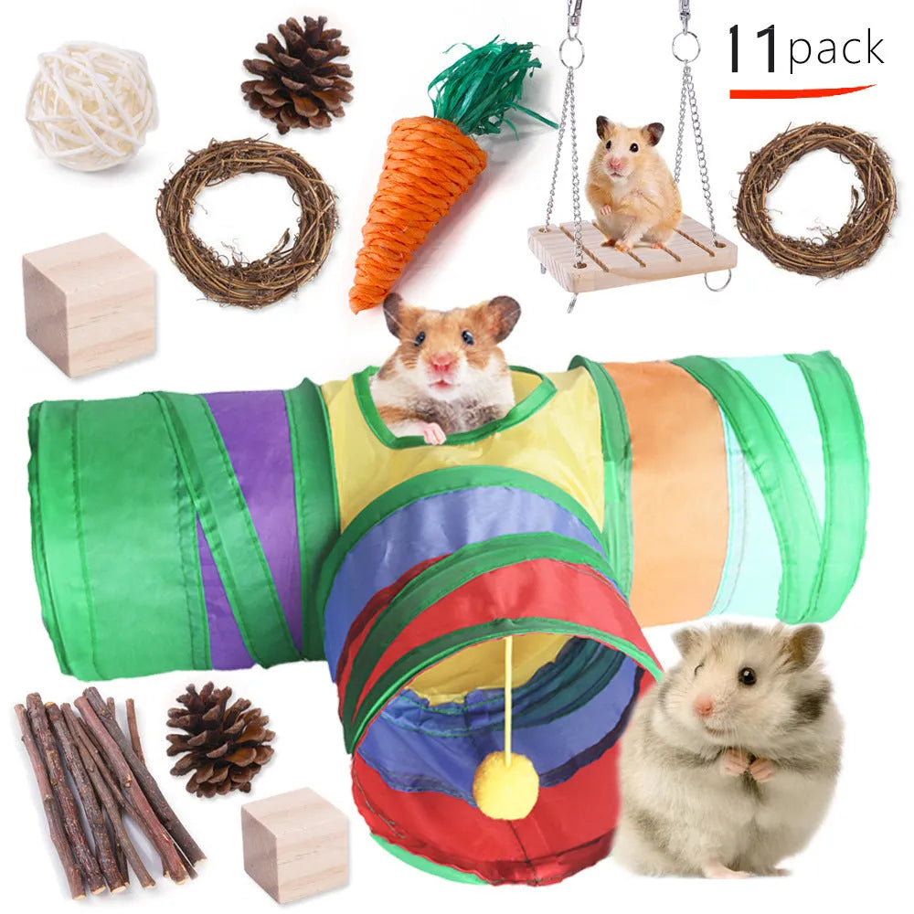 Assortment of wooden pet toys for rabbits guinea pigs and parrots in a set