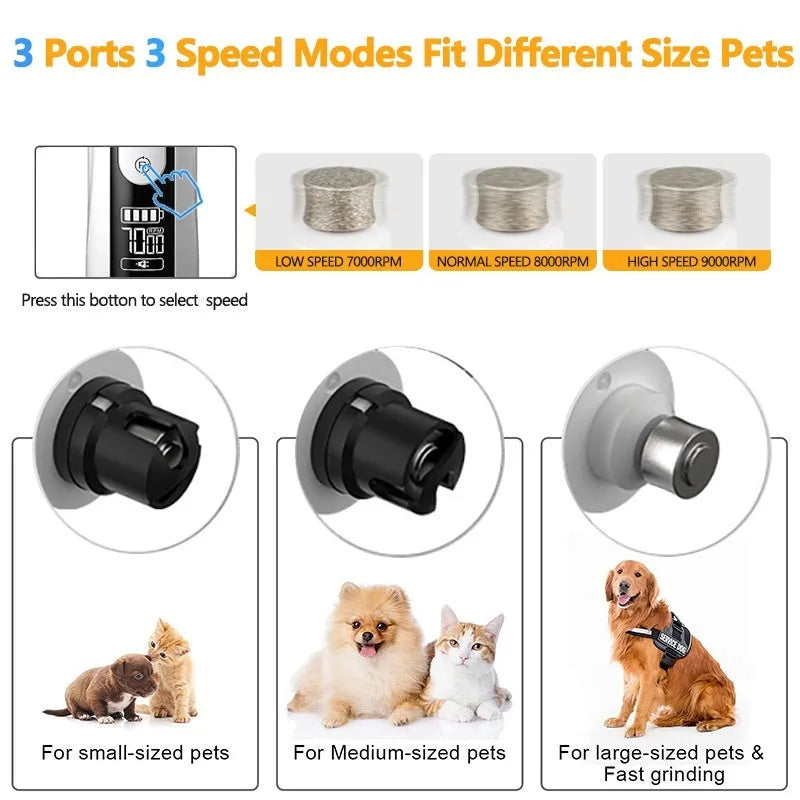 Electric dog nail trimmer with LCD display showing power levels and dust collection system