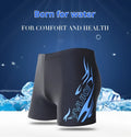 Men's plus size boxer swimming trunks with flame pattern and matching swimming cap