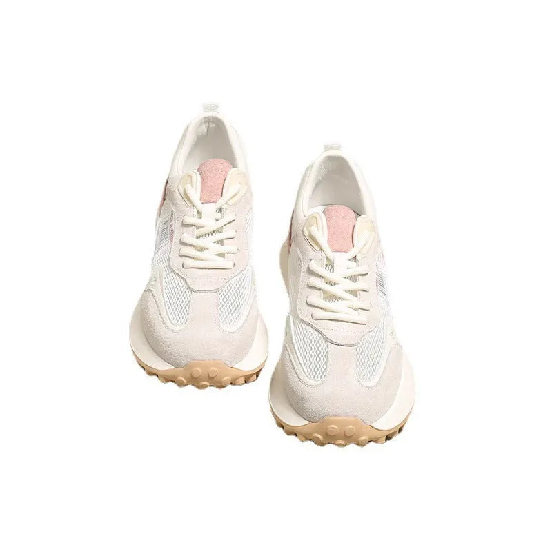 Women's grey and pink retro low-top sneaker with round toe and rubber sole
