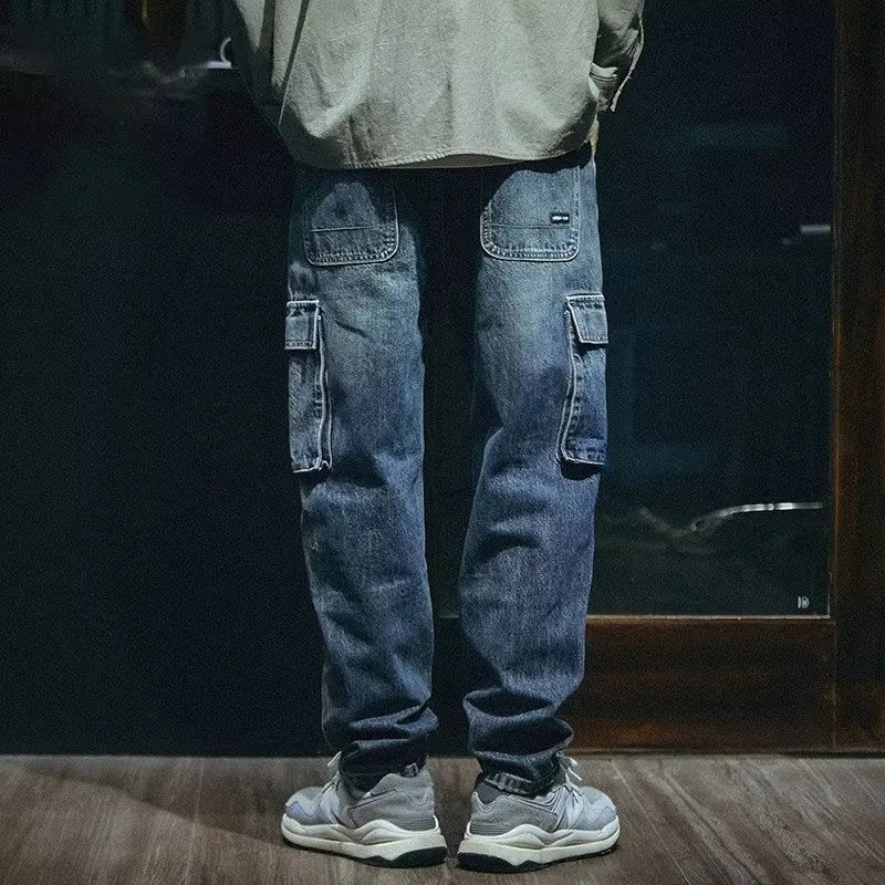 Men's blue loose straight jeans with zip fly in retro style