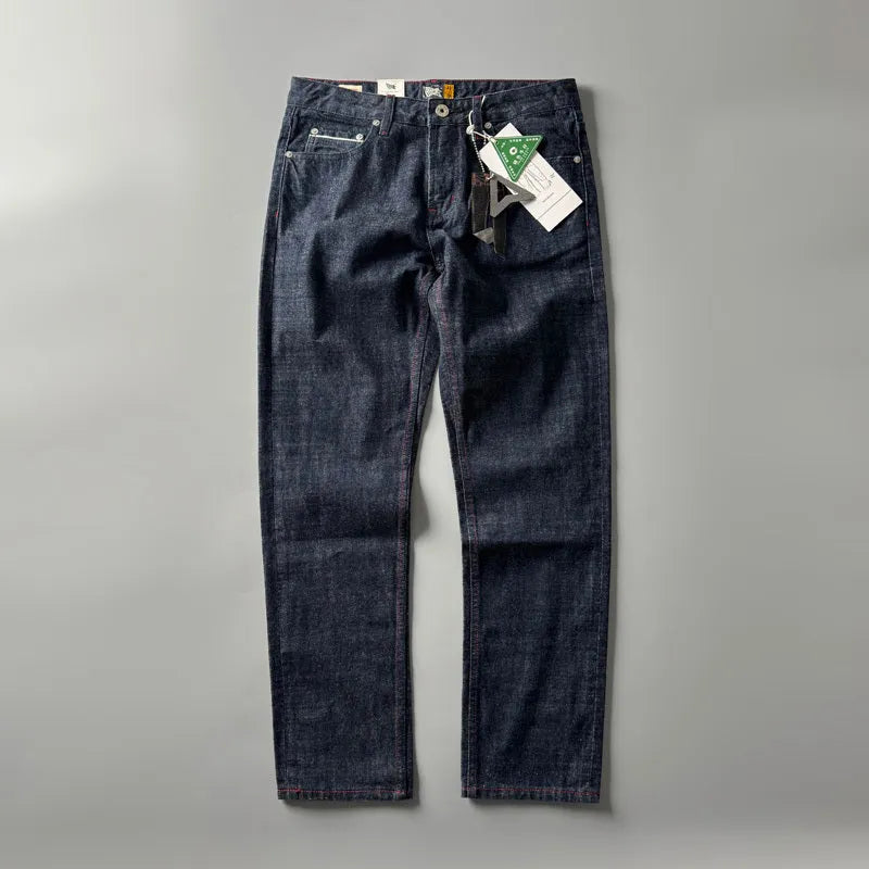 Men's straight leg jeans in American retro style with mid waist design and cotton denim fabric