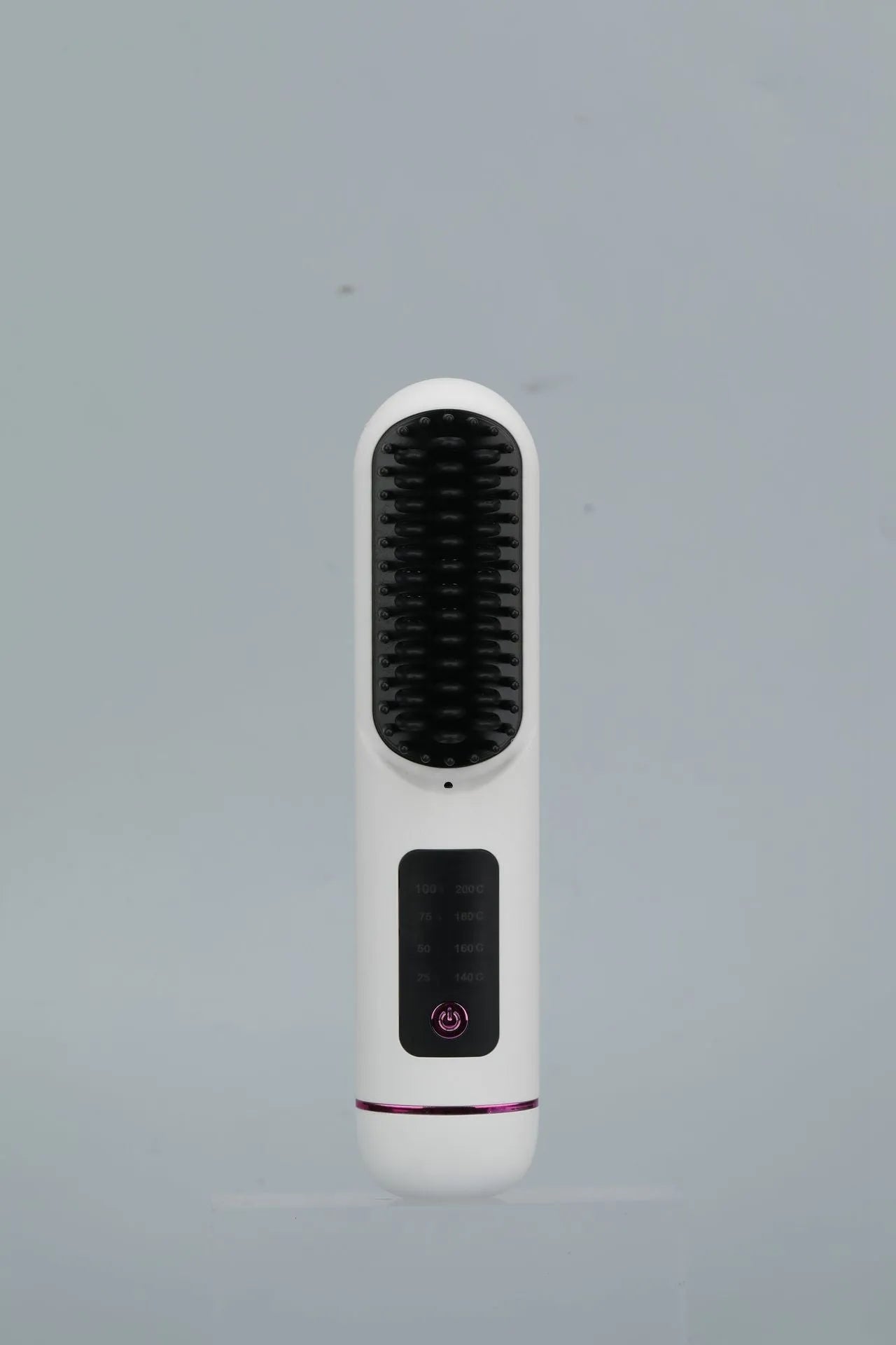 A portable negative ion hair straightening comb in a choice of white, dark blue, or grey colours.