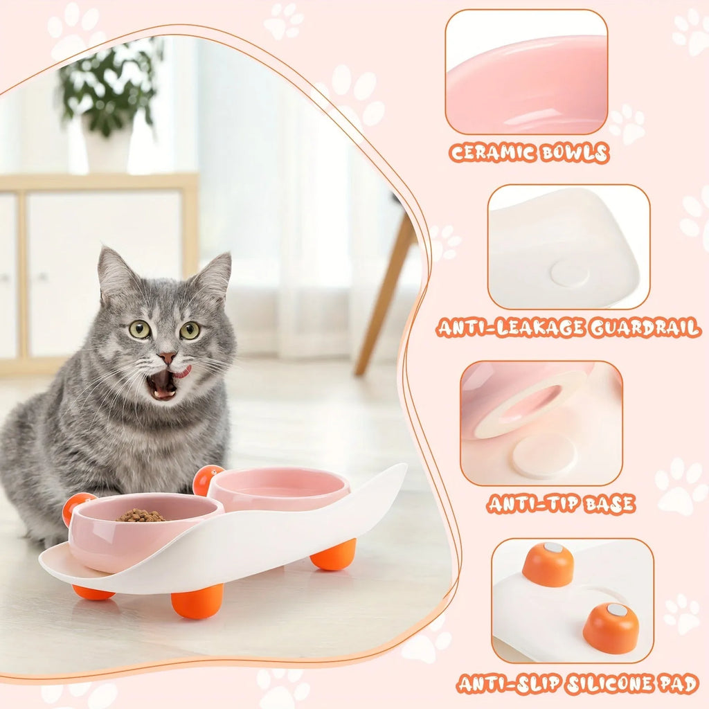 Ceramic raised pet feeding bowl set in pink with two bowls and non-slip base.