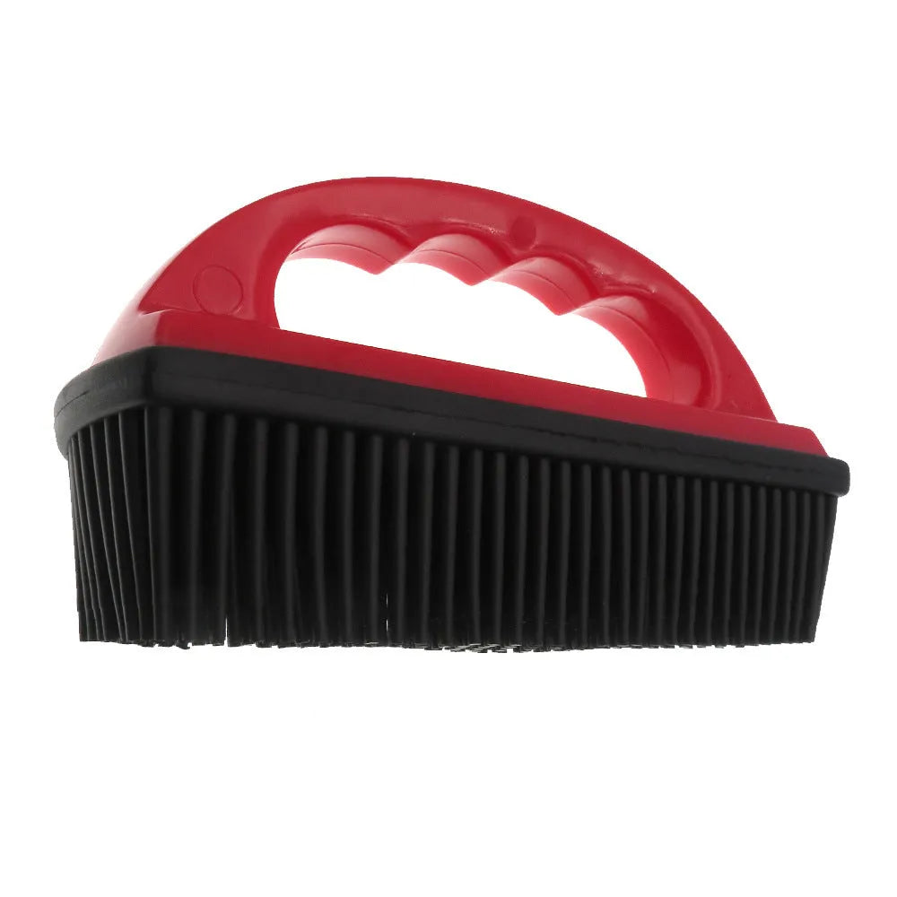 Red pet hair removal massage brush measuring 160x85mm for bath grooming and carpet cleaning