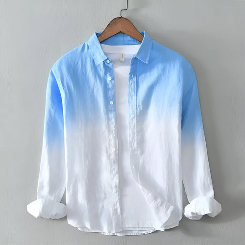 A casual dark blue loose top coat with a slim fit, shown on a hanger.