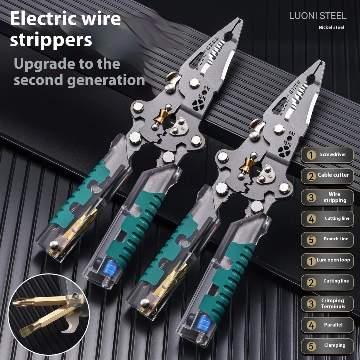 Thickened electricians' pliers with wire stripping function showing pointed design and handle details