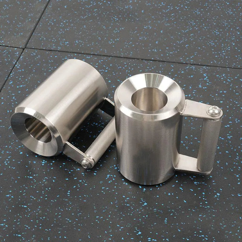 Silver 8kg stainless steel dumbbell cup weight on a grey background